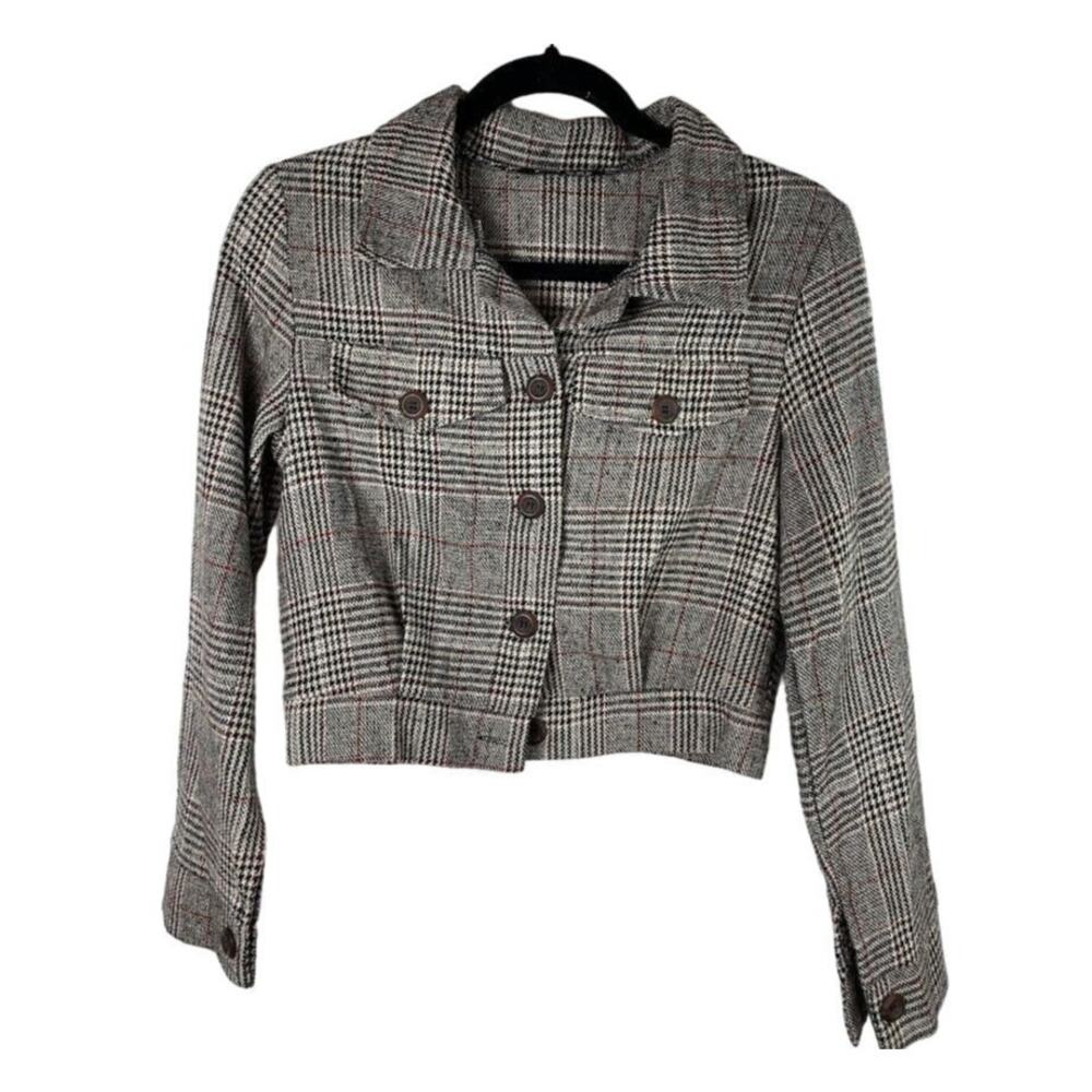 Plaid Jacket Womens Small‎ Cropped Herringbone Shacket Button Light Weight Top